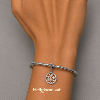 Life Tree Hollow Round Pendant Charm Hallmarked S925 for Charm Bracelet and Necklace