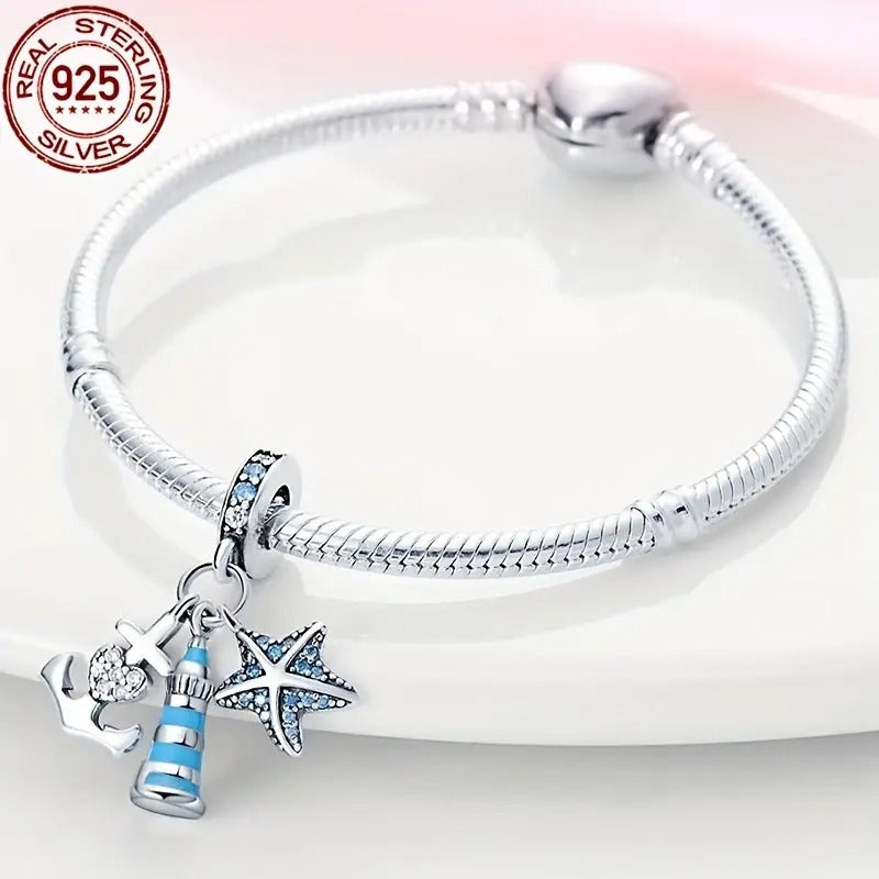 Lighthouse Bead Sterling Silver Charm Hallmarked S925 for Charm Bracelet and Necklace