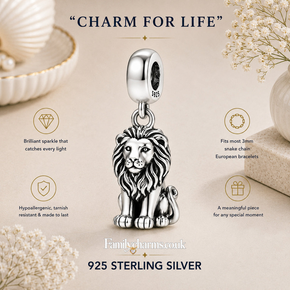 Majestic Lion Sterling Silver Charm Hallmarked S925 for Charm Bracelet and Necklace