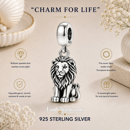 Majestic Lion Sterling Silver Charm Hallmarked S925 for Charm Bracelet and Necklace