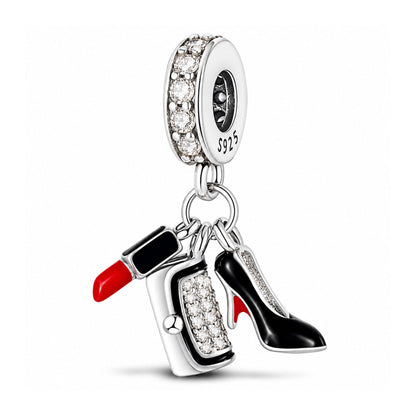 Lipstick High Heels Bag Sterling Silver Charm Hallmarked S925 for Charm Bracelet and Necklace