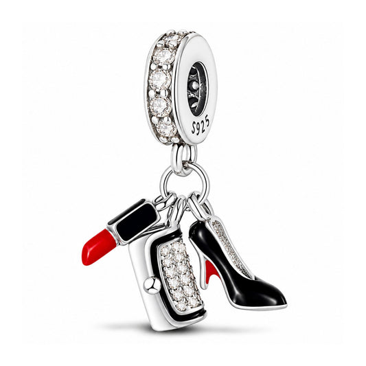 Lipstick High Heels Bag Sterling Silver Charm Hallmarked S925 for Charm Bracelet and Necklace