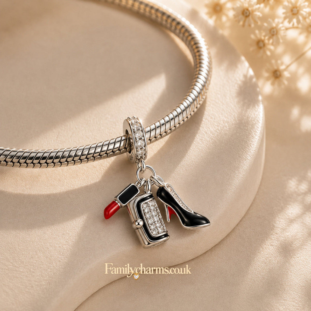 Lipstick High Heels Bag Sterling Silver Charm Hallmarked S925 for Charm Bracelet and Necklace