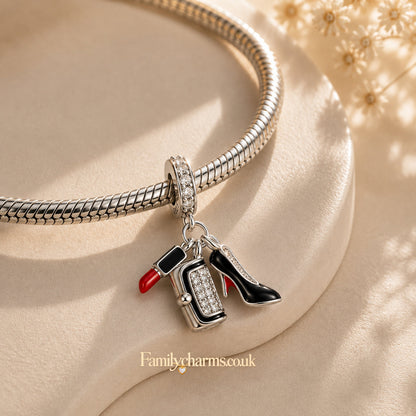 Lipstick High Heels Bag Sterling Silver Charm Hallmarked S925 for Charm Bracelet and Necklace