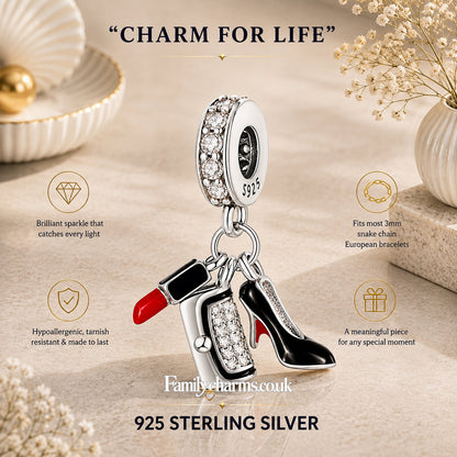 Lipstick High Heels Bag Sterling Silver Charm Hallmarked S925 for Charm Bracelet and Necklace
