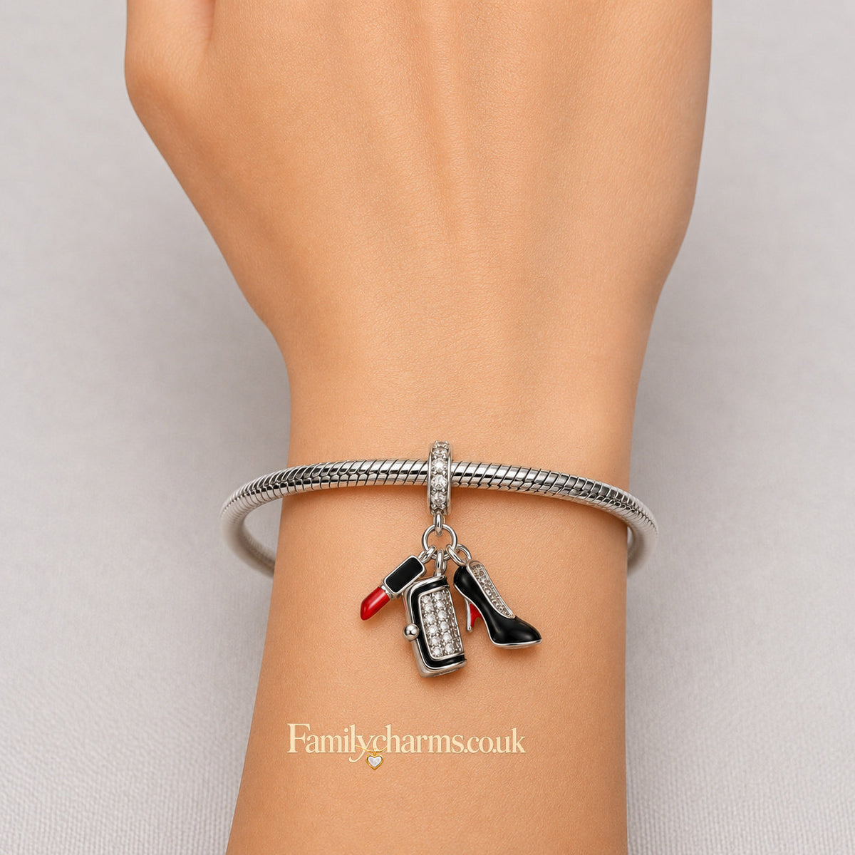 Lipstick High Heels Bag Sterling Silver Charm Hallmarked S925 for Charm Bracelet and Necklace