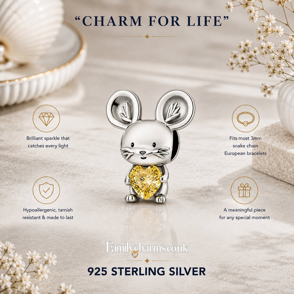 Little Mouse with Heart Sterling Silver Charm Hallmarked S925 for Charm Bracelet and Necklace