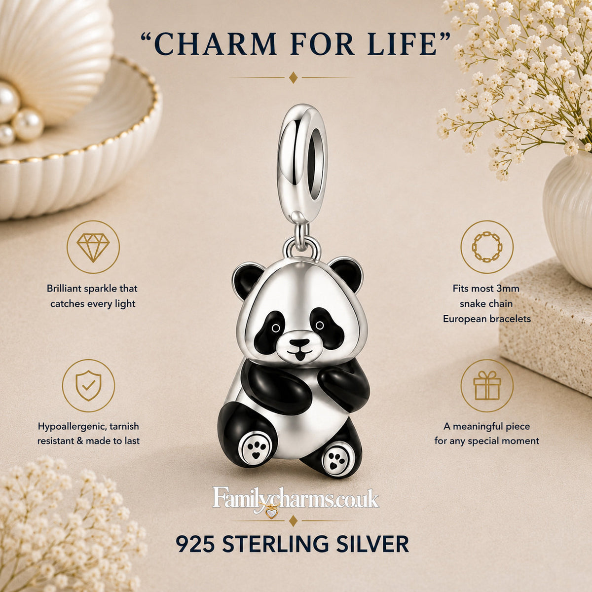 Little Panda Sterling Silver Charm Hallmarked S925 for Charm Bracelet and Necklace