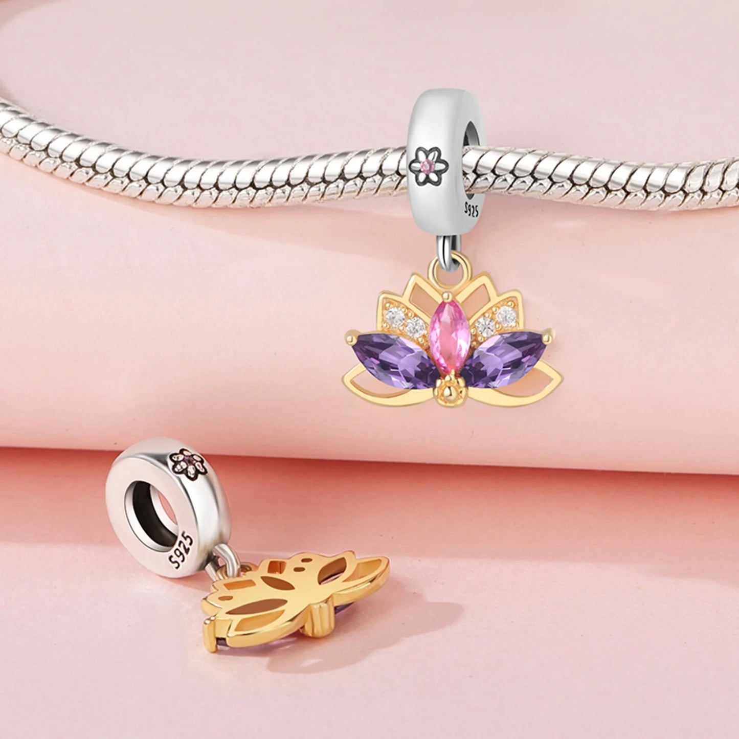 Lotus Flower Pendant Charm for Bracelet, S925 Sterling Silver
