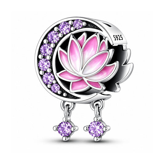 Lotus Moon Floral Sterling Silver Charm Hallmarked S925 for Charm Bracelet and Necklace