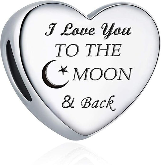 I Love You to The Moon and Back Love Heart Sterling Silver Dangle Charm Hallmarked S925 for Charm Bracelet and Necklace