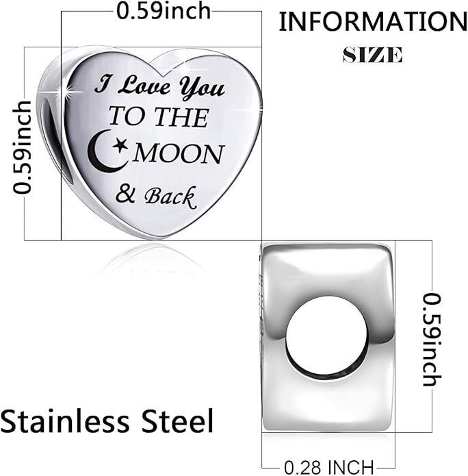 I Love You to The Moon and Back Love Heart Sterling Silver Dangle Charm Hallmarked S925 for Charm Bracelet and Necklace
