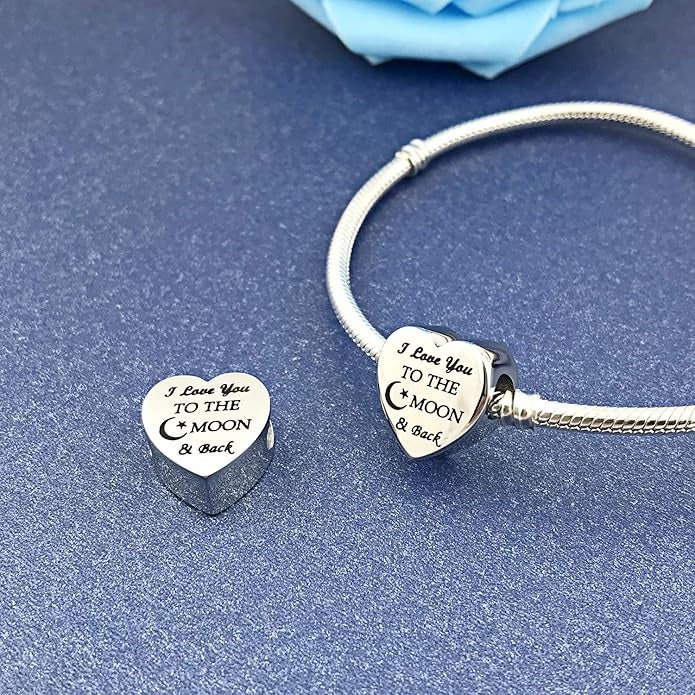 I Love You to The Moon and Back Love Heart Sterling Silver Dangle Charm Hallmarked S925 for Charm Bracelet and Necklace