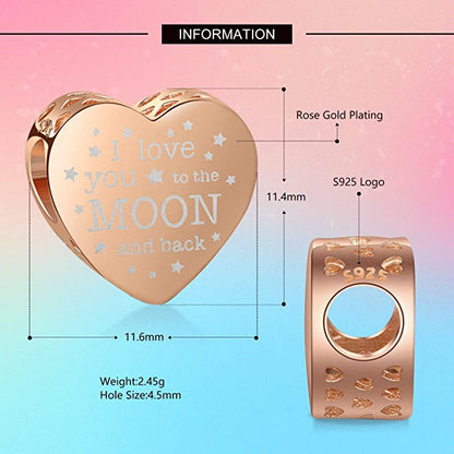 Rose Gold I Love You to The Moon and Back Heart Sterling Silver Charm Hallmarked S925 for Charm Bracelet and Necklace