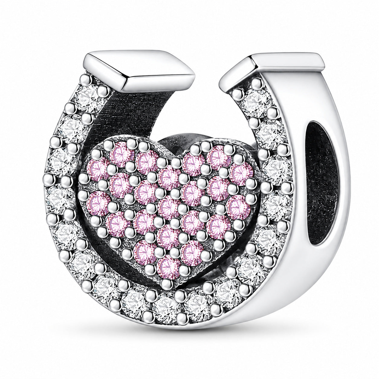 Horseshoe and Pink Heart Sterling Silver Charm Hallmarked S925 for Charm Bracelet and Necklace
