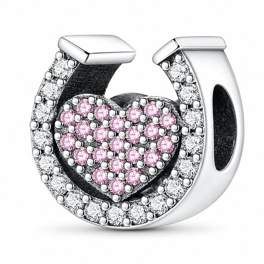 Horseshoe and Pink Heart Sterling Silver Charm Hallmarked S925 for Charm Bracelet and Necklace