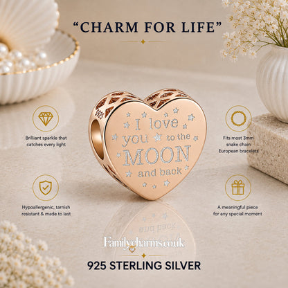 Rose Gold I Love You to The Moon and Back Heart Sterling Silver Charm Hallmarked S925 for Charm Bracelet and Necklace