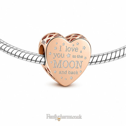Rose Gold I Love You to The Moon and Back Heart Sterling Silver Charm Hallmarked S925 for Charm Bracelet and Necklace
