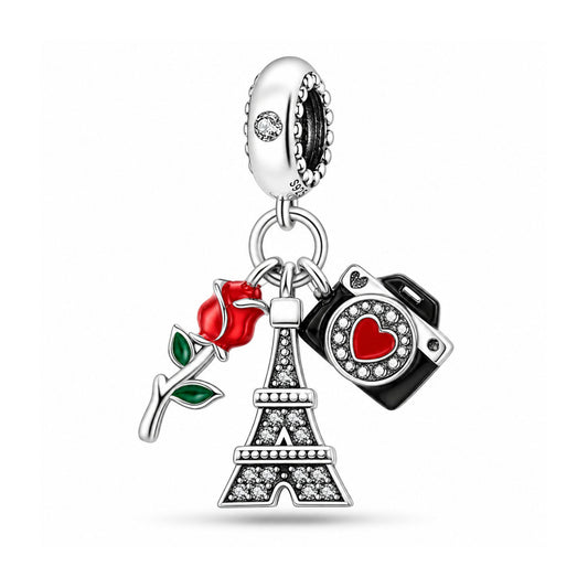 Love Paring Eiffel Tower Dangle Sterling Silver Charm Hallmarked S925 for Charm Bracelet and Necklace