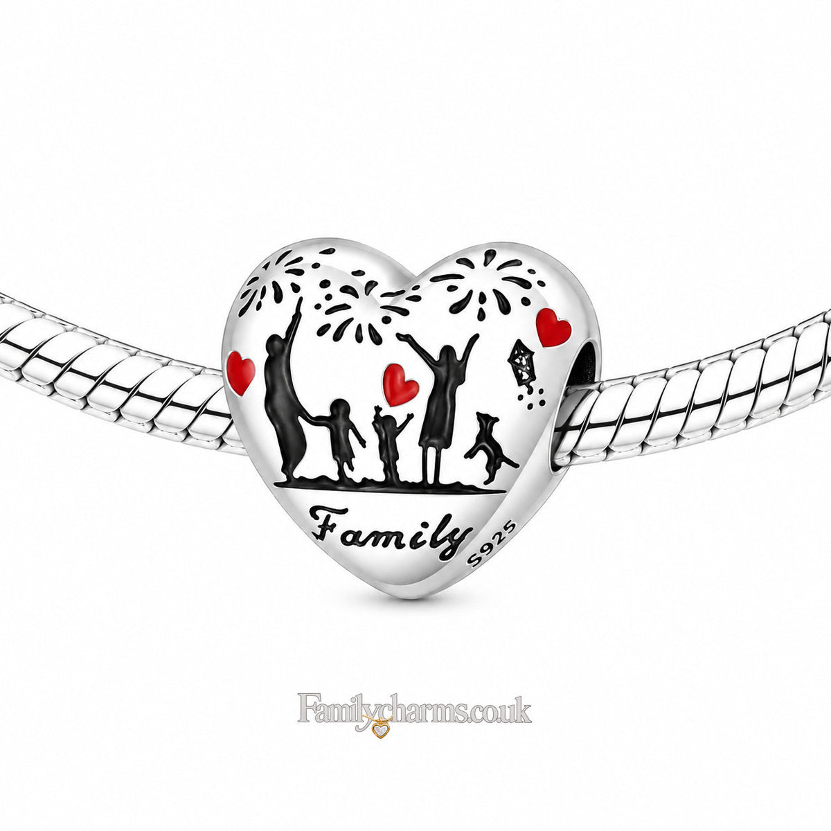 Love of Family Heart Charm Hallmarked S925 for Charm Bracelet and Necklace