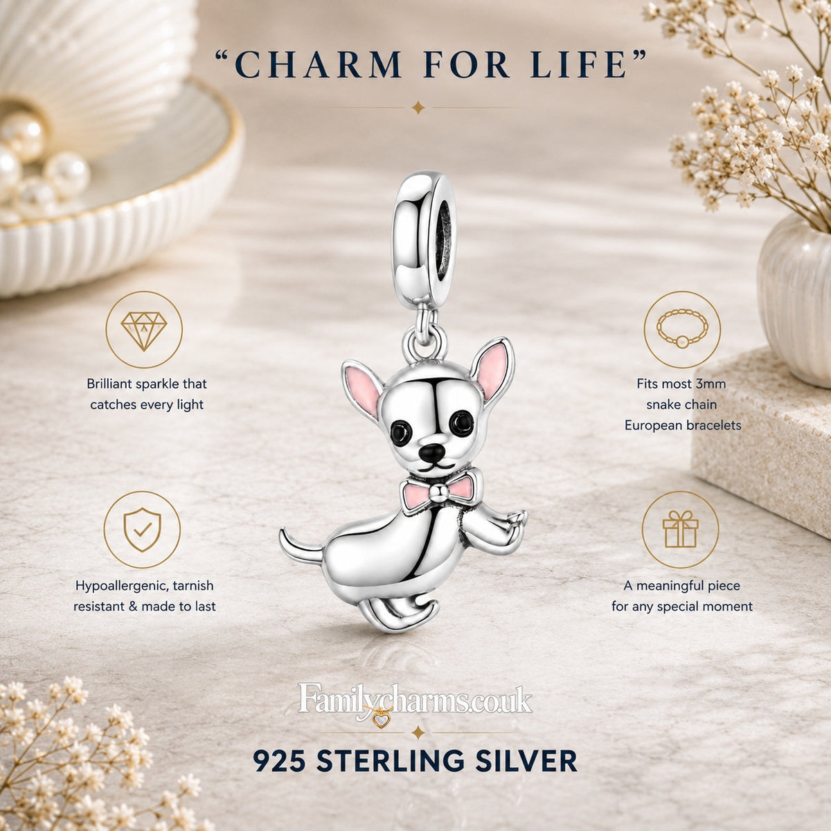 Lovely Chihuahua Sterling Silver Charm Hallmarked S925 for Charm Bracelet and Necklace