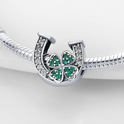 Lucky Crystal Horseshoe Four Leaf Clover Sterling Silver Charm Hallmarked S925 for Charm Bracelet and Necklace