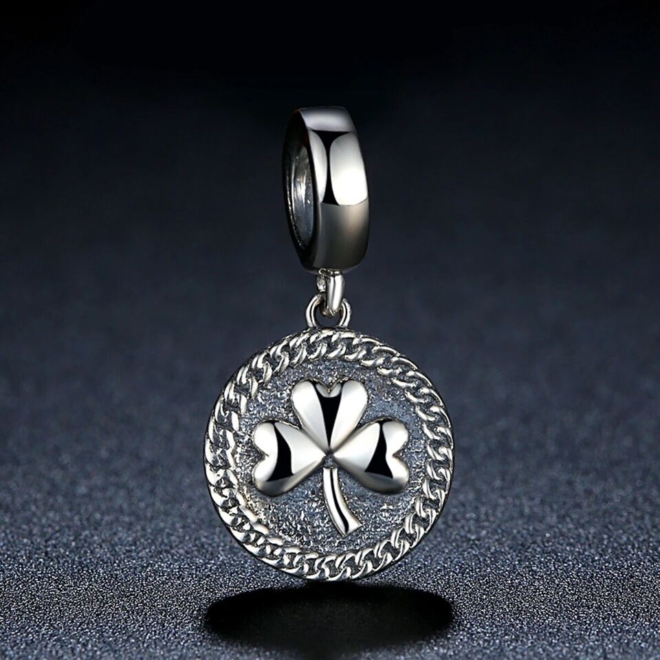 Lucky Irish Clover Leaf Shamrock Charm for Bracelet, S925 Sterling Silver
