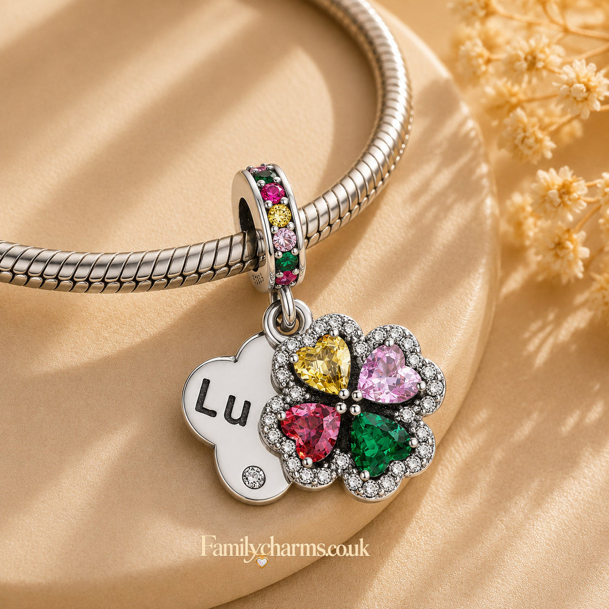 Lucky Clover Dangle Charm Sterling Silver Charm Hallmarked S925 for Charm Bracelet and Necklace