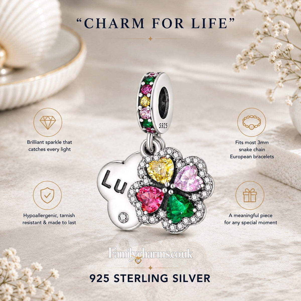 Lucky Clover Dangle Charm Sterling Silver Charm Hallmarked S925 for Charm Bracelet and Necklace