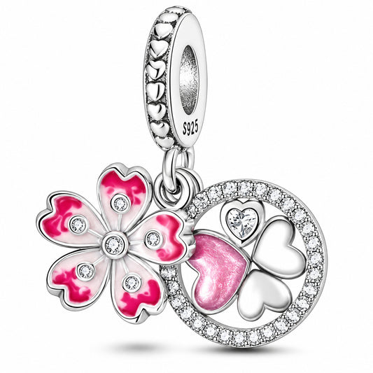 Lucky Clover Pink Cherry Blossom Dangle Sterling Silver Charm Hallmarked S925 for Charm Bracelet and Necklace