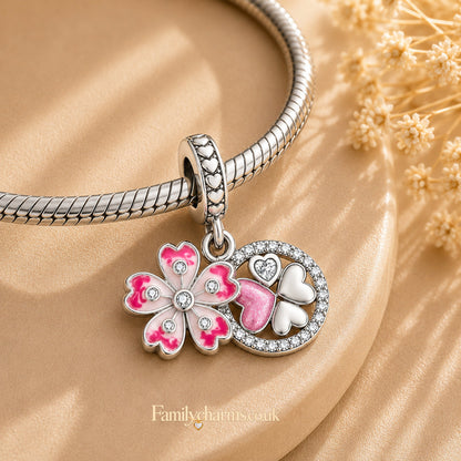 Lucky Clover Pink Cherry Blossom Dangle Sterling Silver Charm Hallmarked S925 for Charm Bracelet and Necklace