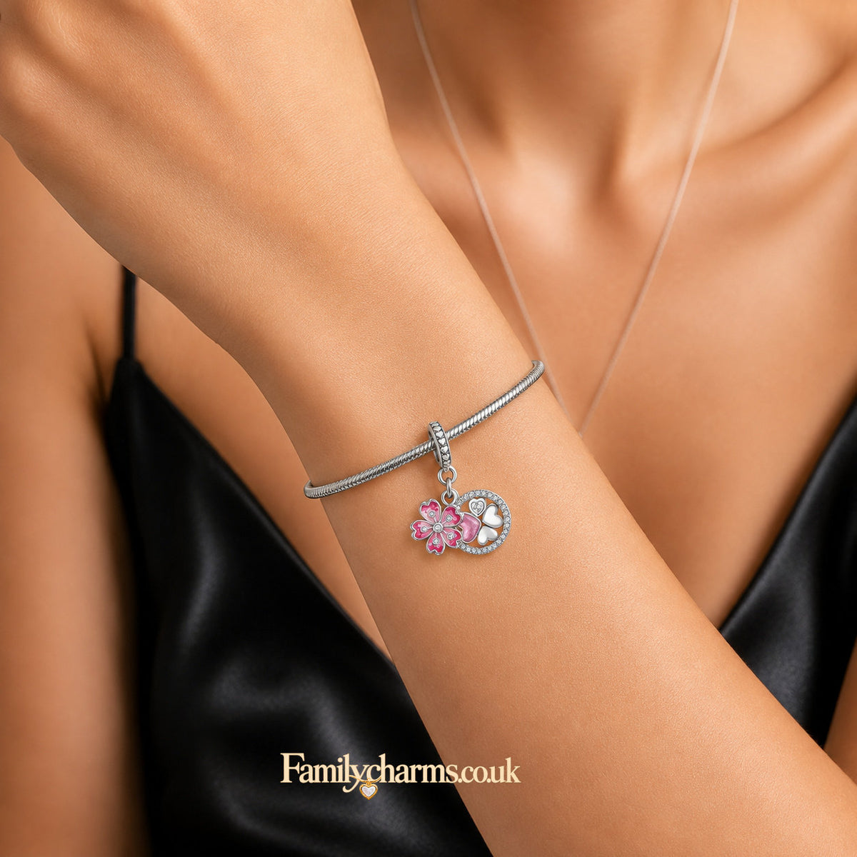Lucky Clover Pink Cherry Blossom Dangle Sterling Silver Charm Hallmarked S925 for Charm Bracelet and Necklace
