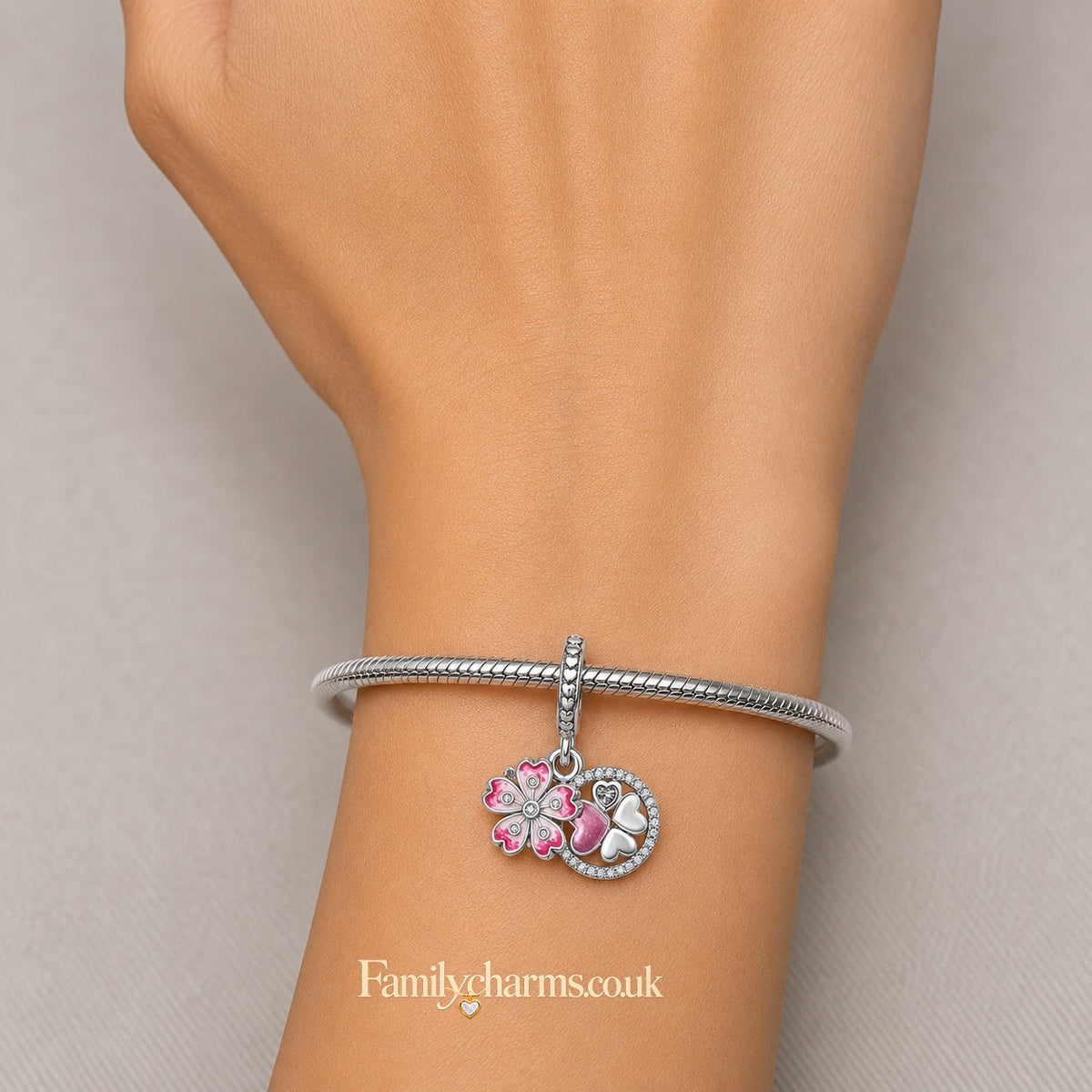 Lucky Clover Pink Cherry Blossom Dangle Sterling Silver Charm Hallmarked S925 for Charm Bracelet and Necklace