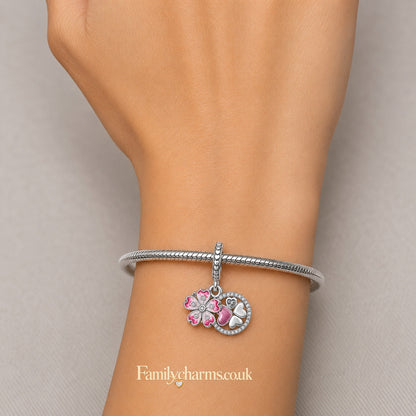 Lucky Clover Pink Cherry Blossom Dangle Sterling Silver Charm Hallmarked S925 for Charm Bracelet and Necklace