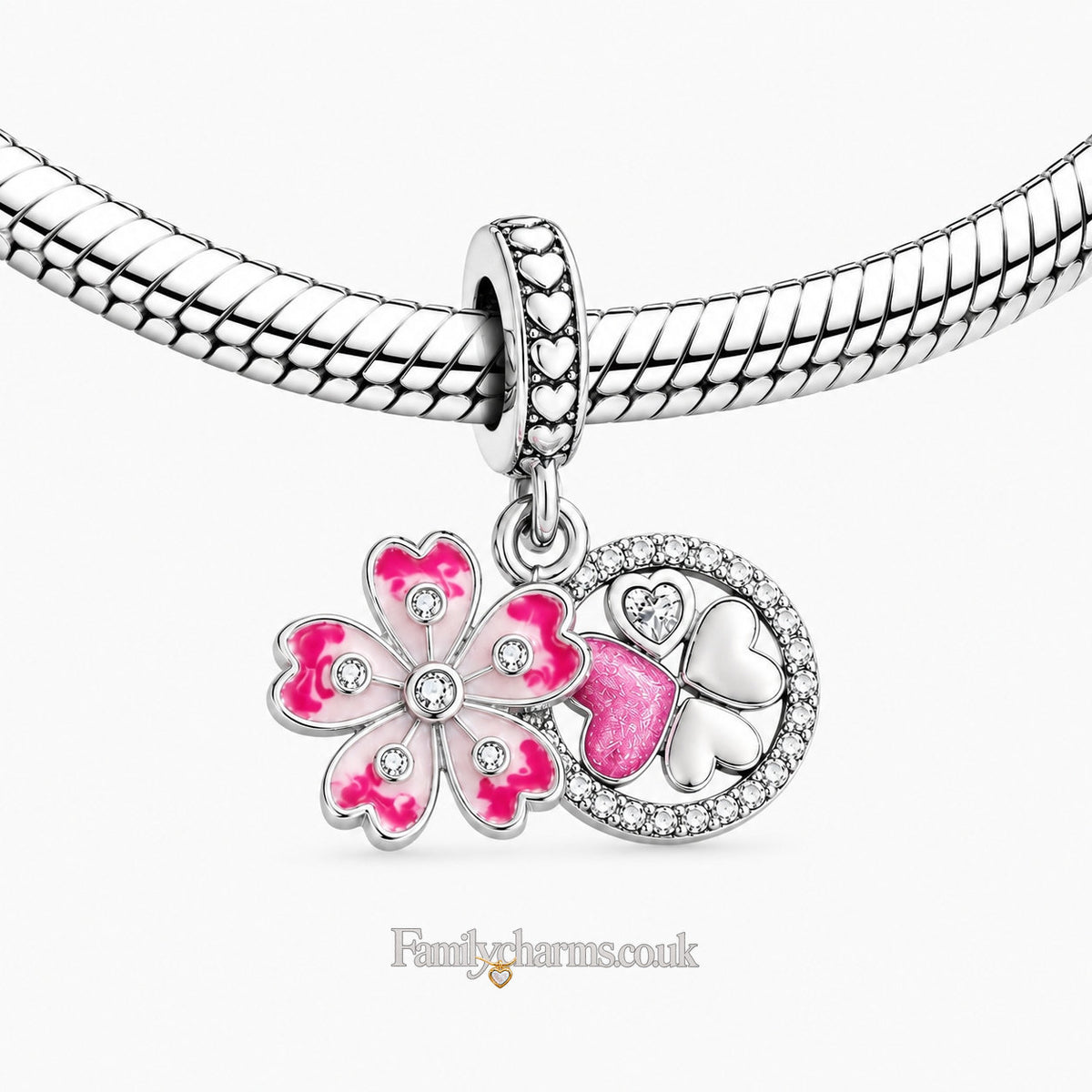 Lucky Clover Pink Cherry Blossom Dangle Sterling Silver Charm Hallmarked S925 for Charm Bracelet and Necklace
