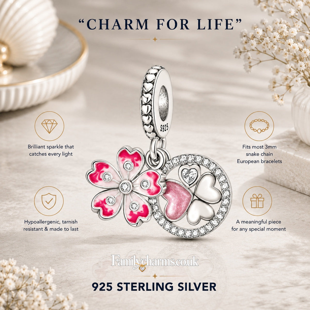 Lucky Clover Pink Cherry Blossom Dangle Sterling Silver Charm Hallmarked S925 for Charm Bracelet and Necklace