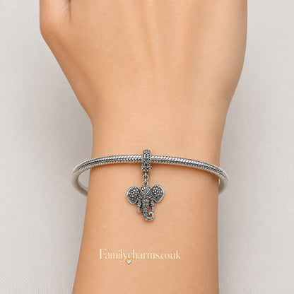 Lucky Elephant Dangle Sterling Silver Charm Hallmarked S925 for Charm Bracelet and Necklace