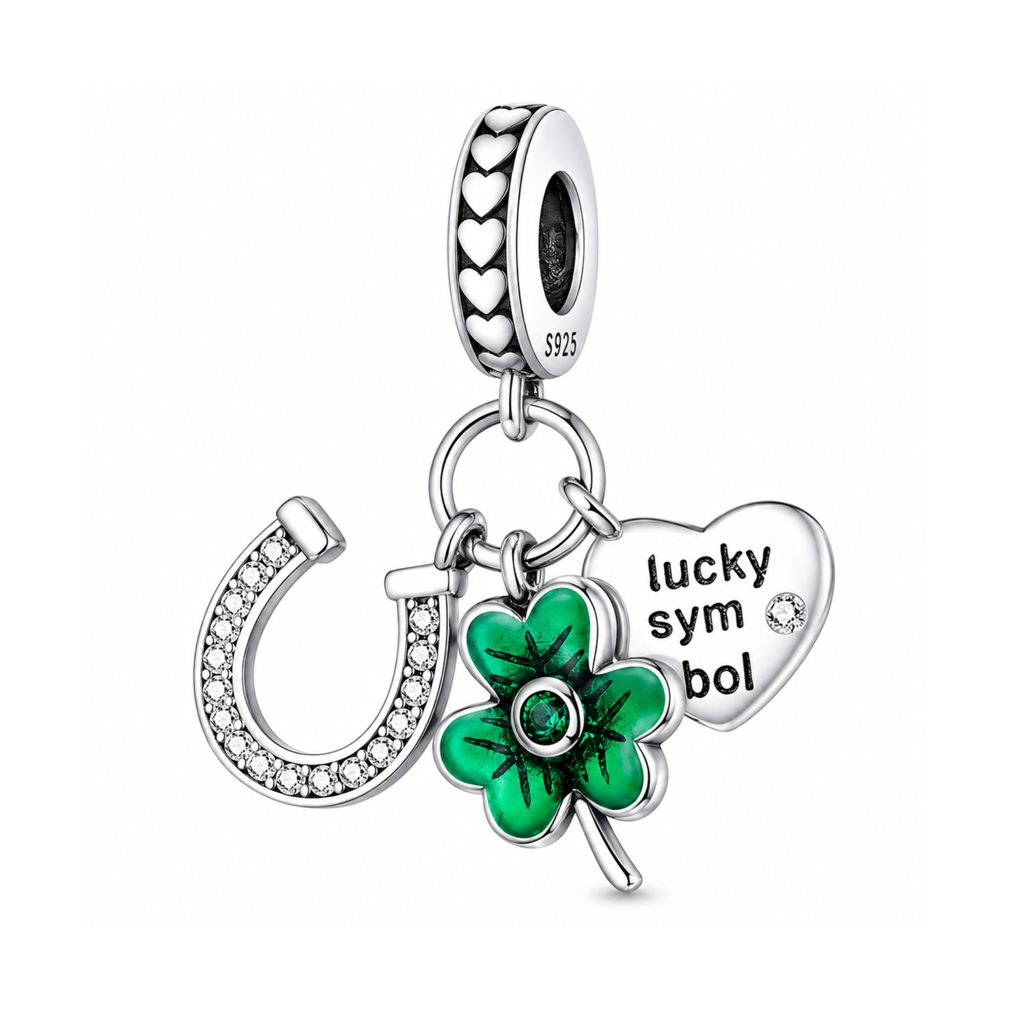 Lucky Horse Shoe Clover Sterling Silver Charm Hallmarked S925 for Charm Bracelet and Necklace