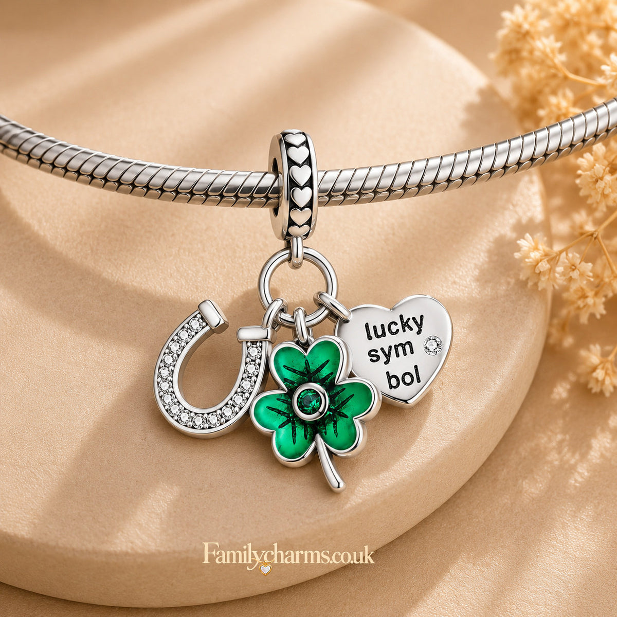 Lucky Horse Shoe Clover Sterling Silver Charm Hallmarked S925 for Charm Bracelet and Necklace