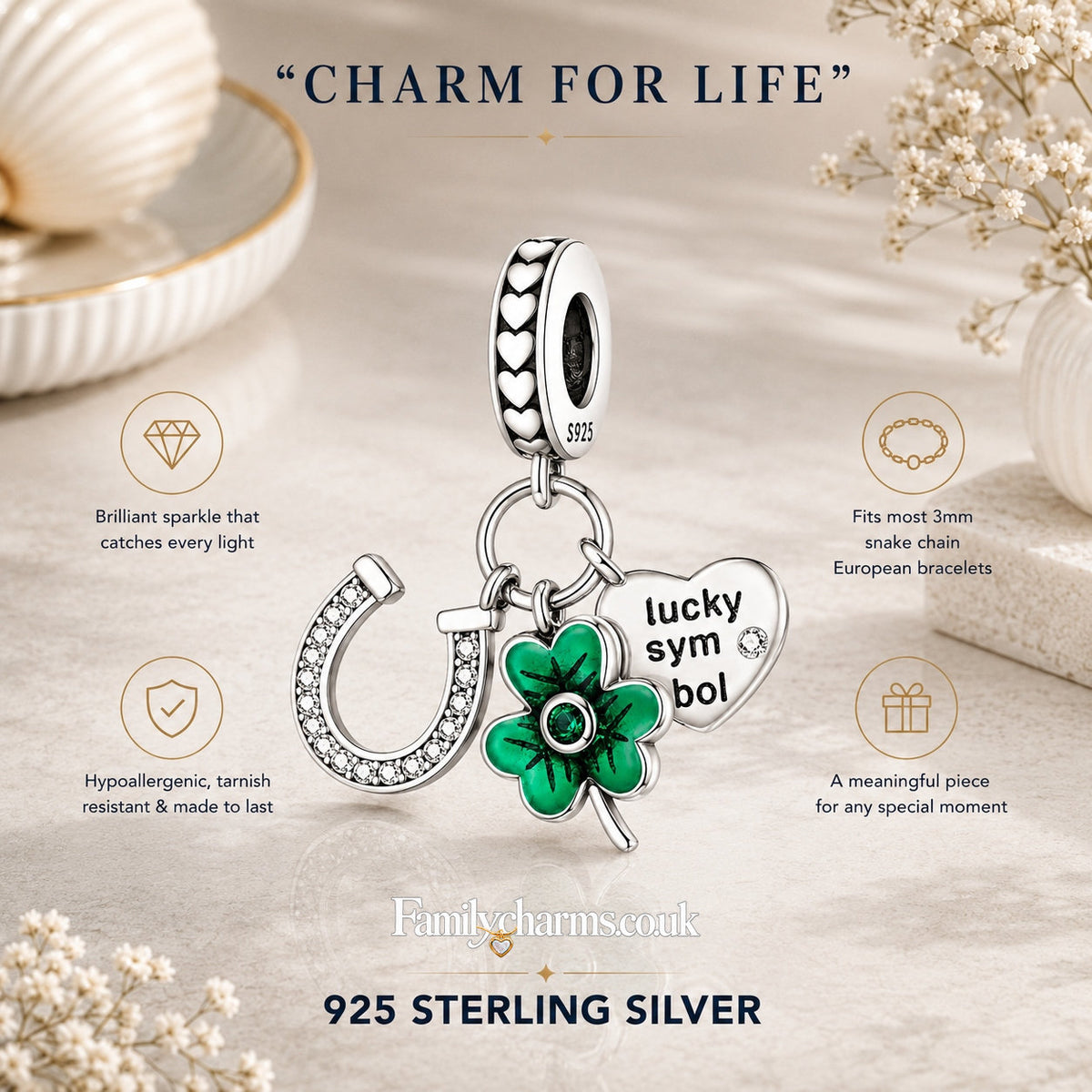Lucky Horse Shoe Clover Sterling Silver Charm Hallmarked S925 for Charm Bracelet and Necklace