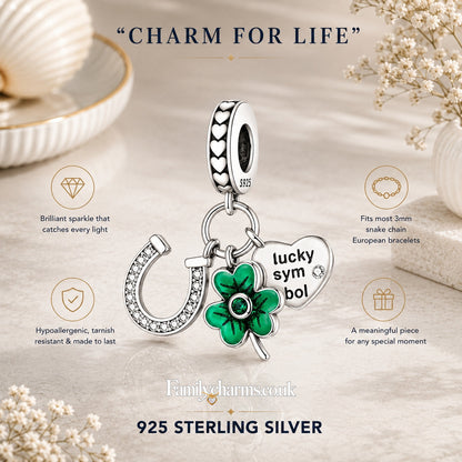 Lucky Horse Shoe Clover Sterling Silver Charm Hallmarked S925 for Charm Bracelet and Necklace