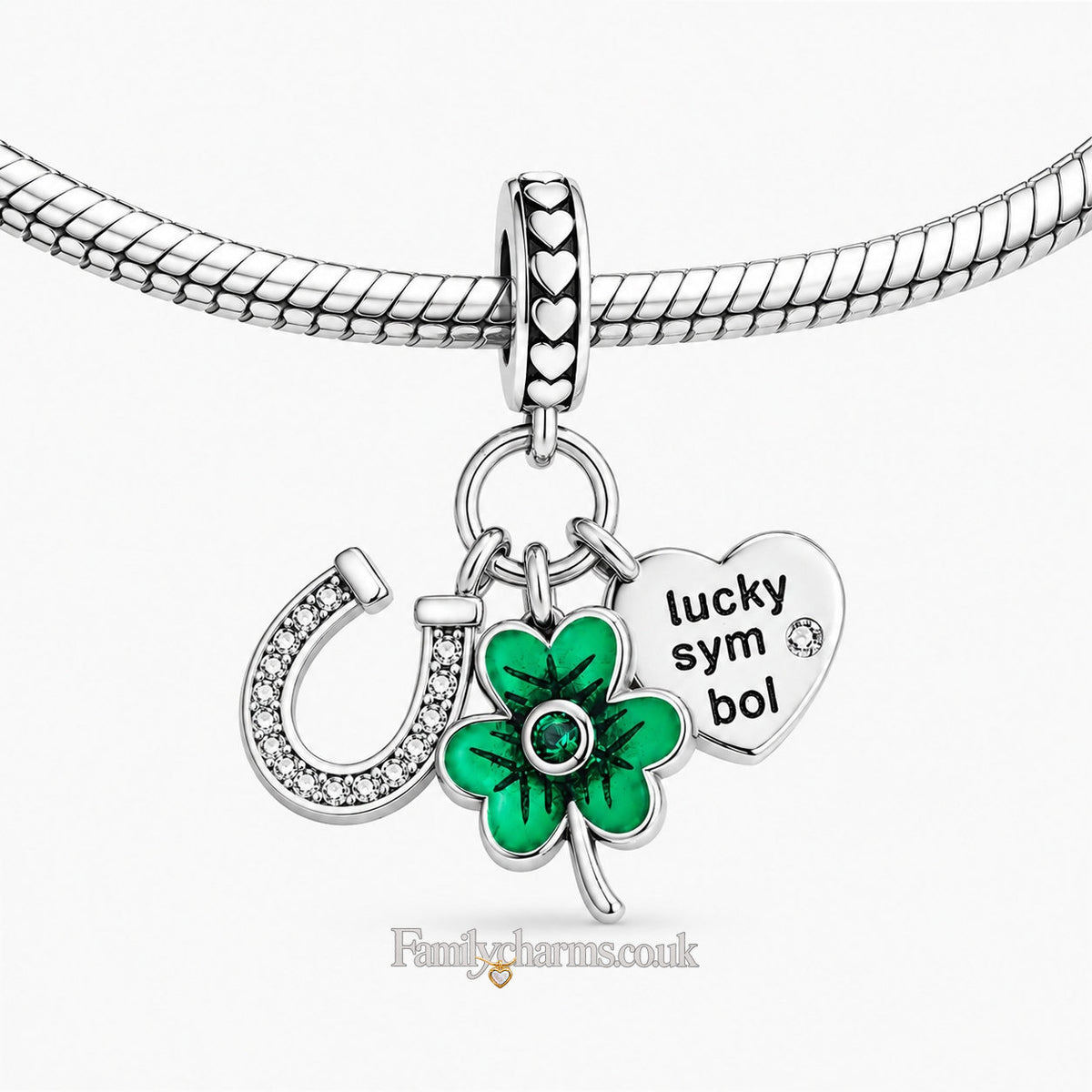 Lucky Horse Shoe Clover Sterling Silver Charm Hallmarked S925 for Charm Bracelet and Necklace