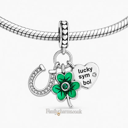 Lucky Horse Shoe Clover Sterling Silver Charm Hallmarked S925 for Charm Bracelet and Necklace