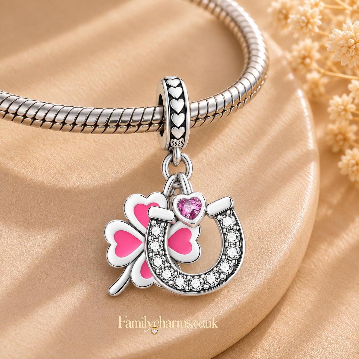 Lucky Horse Shoe Clover Heart Sterling Silver Charm Hallmarked S925 for Charm Bracelet and Necklace