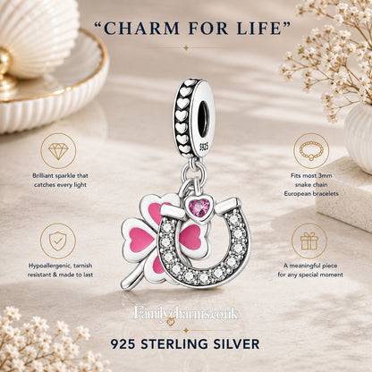 Lucky Horse Shoe Clover Heart Sterling Silver Charm Hallmarked S925 for Charm Bracelet and Necklace