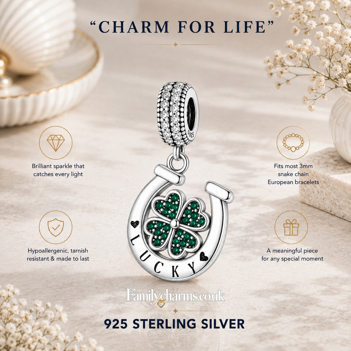Lucky Horseshoe Dangle Sterling Silver Charm Hallmarked S925 for Charm Bracelet and Necklace