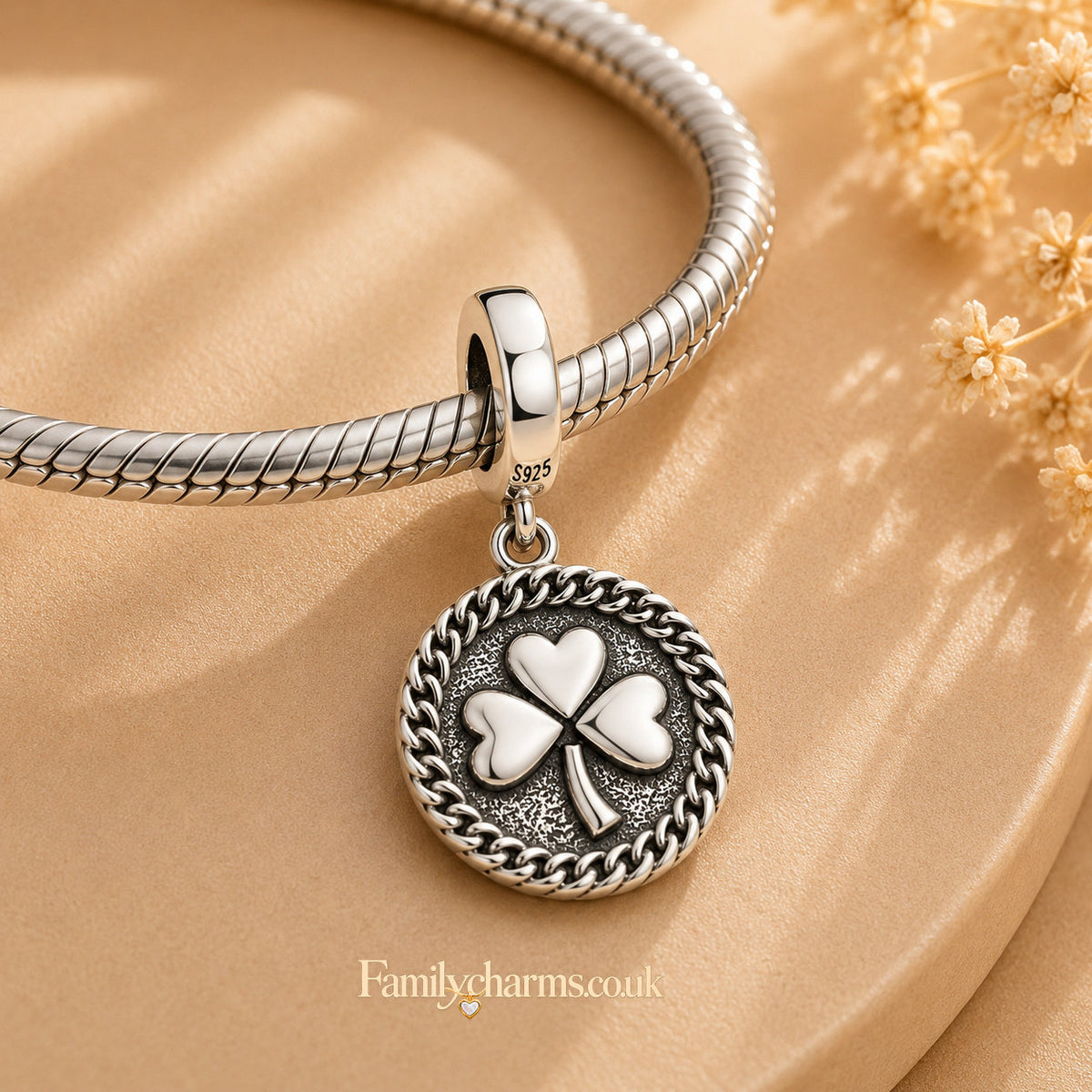 Lucky Irish Clover Leaf Shamrock Charm for Bracelet, S925 Sterling Silver