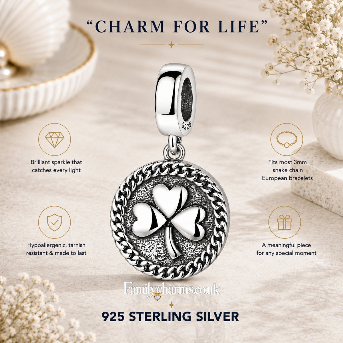 Lucky Irish Clover Leaf Shamrock Charm for Bracelet, S925 Sterling Silver
