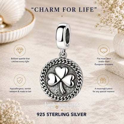 Lucky Irish Clover Leaf Shamrock Charm for Bracelet, S925 Sterling Silver