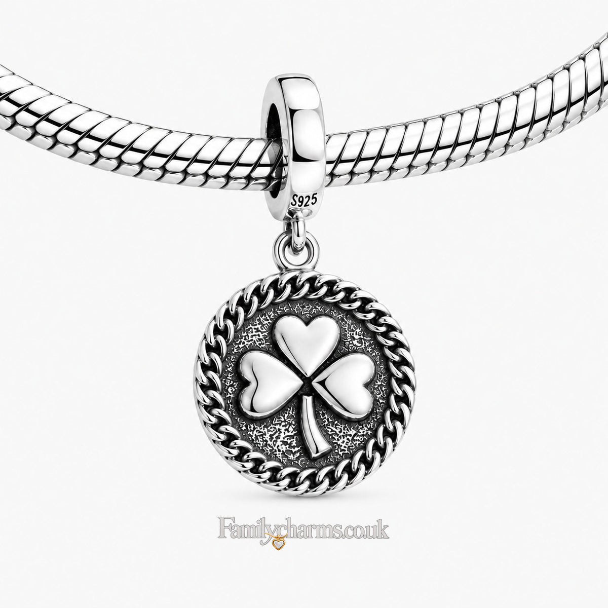 Lucky Irish Clover Leaf Shamrock Charm for Bracelet, S925 Sterling Silver